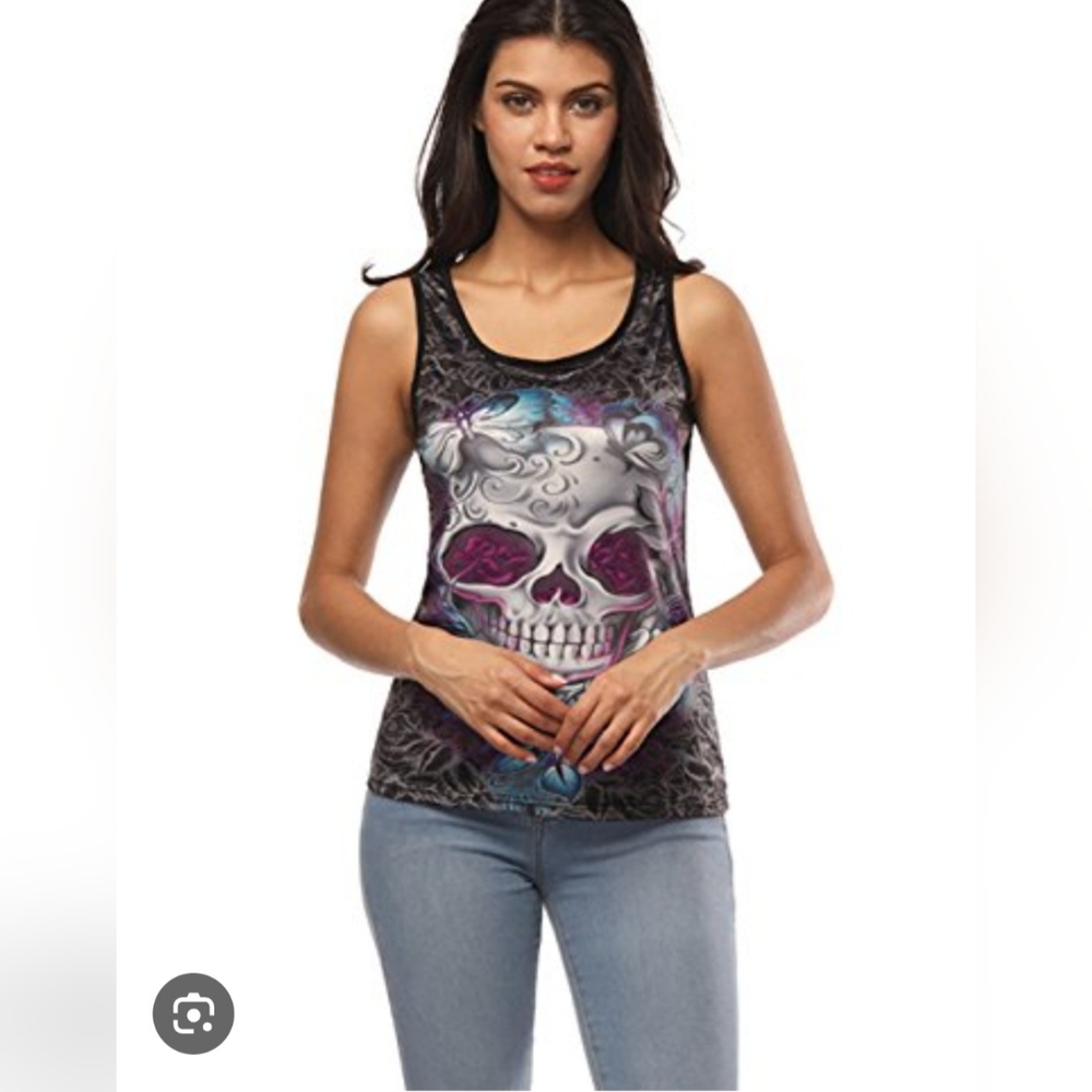 Edgy Skull Graphic Tank Top - Black and Purple size M #623